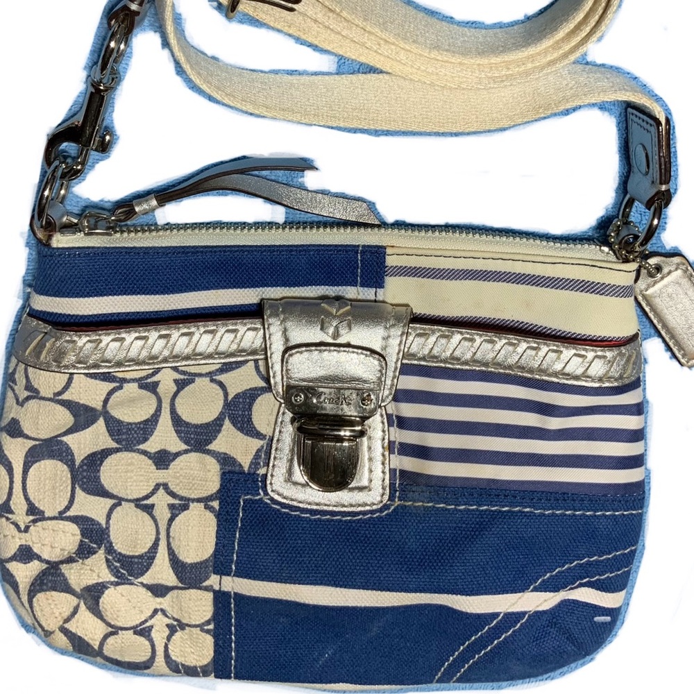 COACH Blue Denim Signature Patchwork Swingpack Crossbody Whipstitch Leather Trim